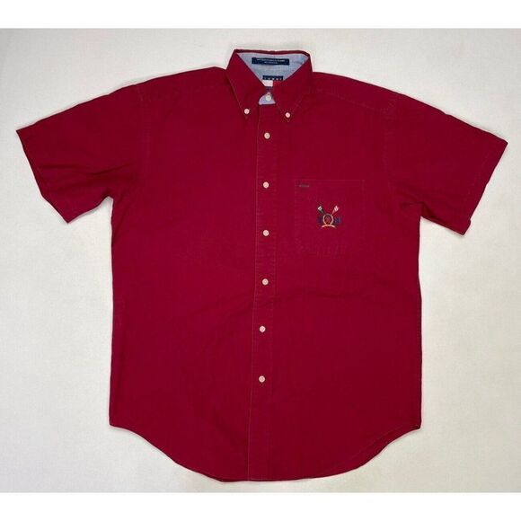 VINTAGE Tommy Hilfiger Button Up Shirt Men Small Red Crest Logo 90s - Picture 1 of 7